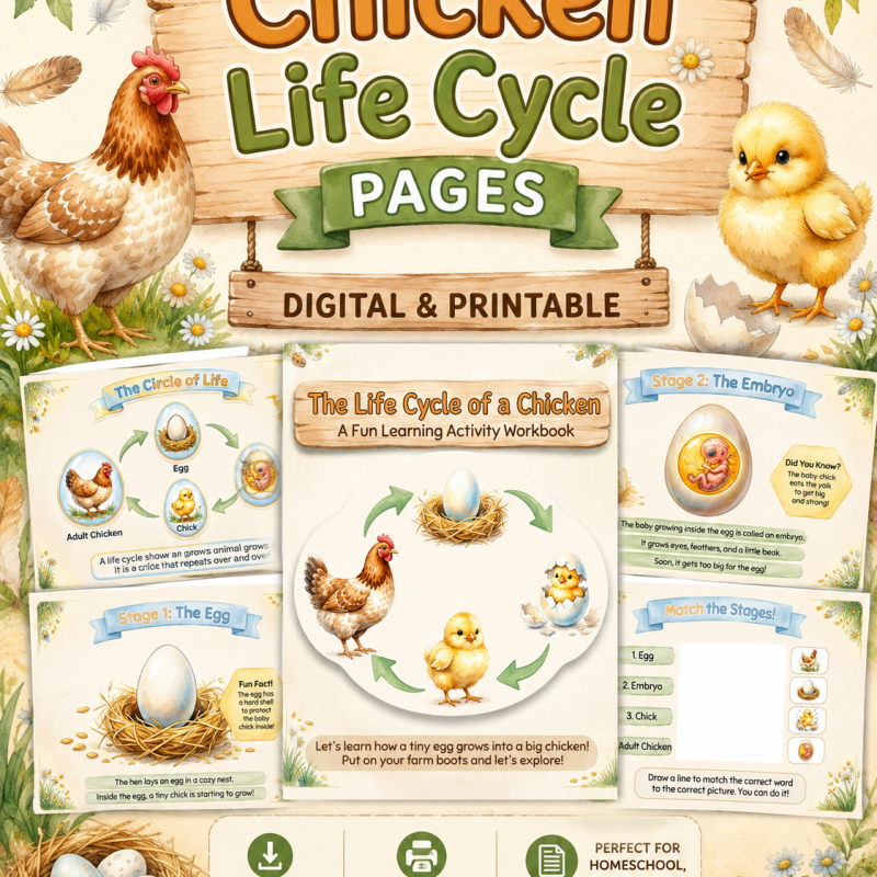 Chicken Life Cycle Printable Pack | Farm Animals Study Unit | Homeschool Science Worksheets | Montessori Learning | Biology for Kids
