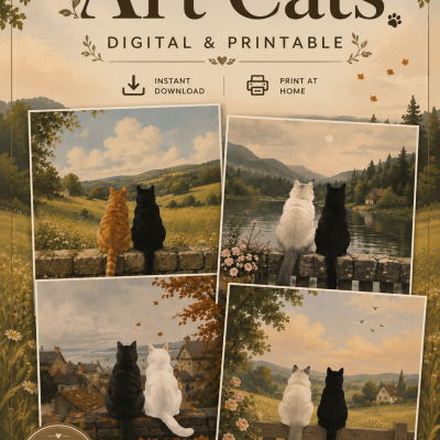 Cute Cats Sunset Landscape Print, Digital Cat Poster, Rustic Nature Wall Art Printable