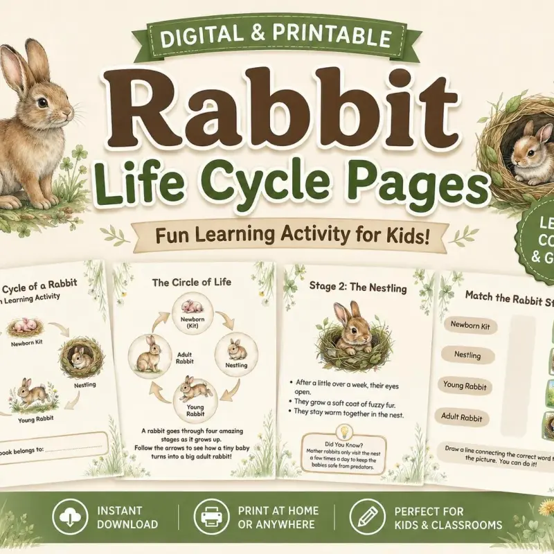 Rabbit Life Cycle Activity Pack for Kids – Printable Science Worksheets (15 Pages)